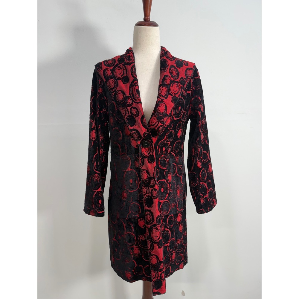 UBU Jacket S Red Black Abstract Circle Chenille Shawl Collar Coat Altered